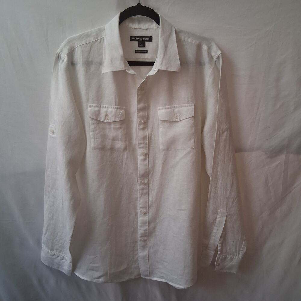 Michael Kors Men's White Long Sleeves Button Down 100% Linen Two Chest Pockets-L